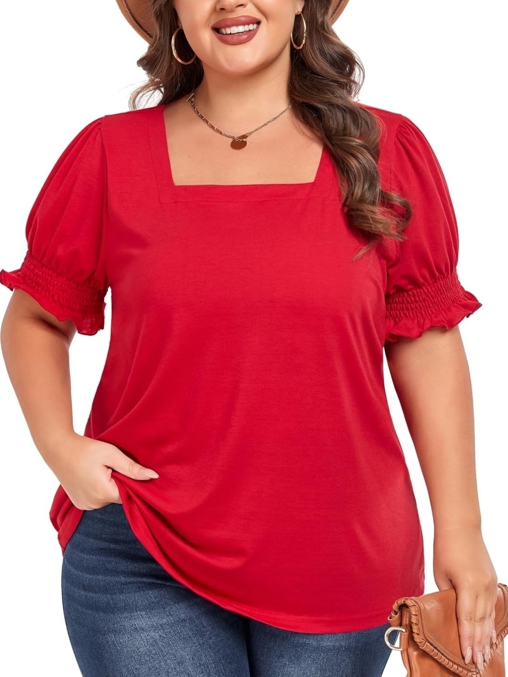 Plus Size Square Neck Puff Sleeve Tee in Red